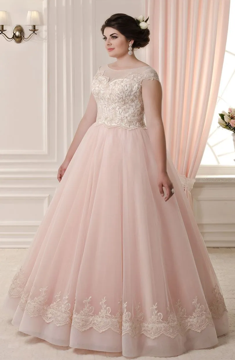 ---Beautiful pearl pink wedding dress for plus sizes for sale online with boat neckline and short sleeves made of tulle with lac