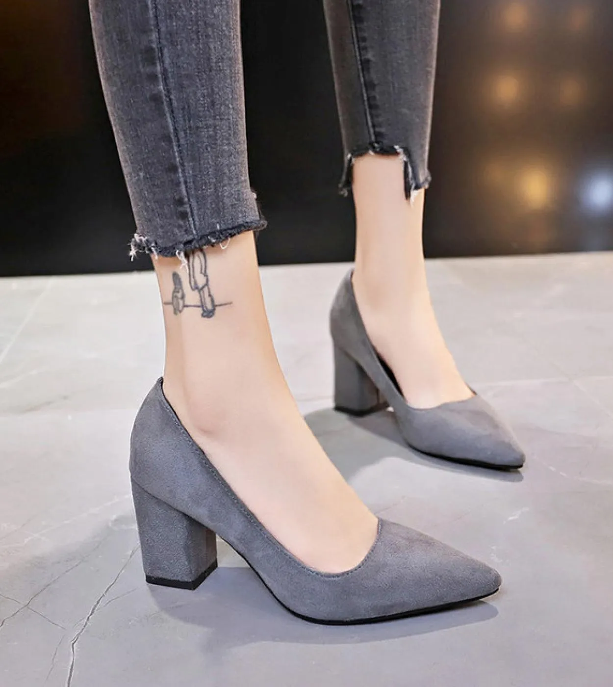 2022 New Women Pumps Flock Sweet Thick High Heels Female  Office Pointed Toe Dress Work Pump Cute Shoes Ladies Footwear