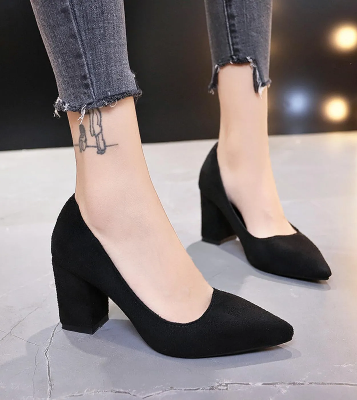 2022 New Women Pumps Flock Sweet Thick High Heels Female  Office Pointed Toe Dress Work Pump Cute Shoes Ladies Footwear