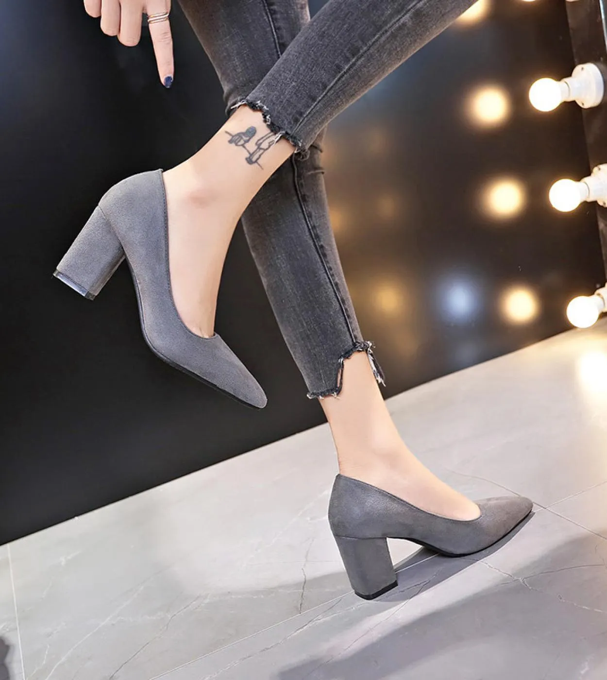 2022 New Women Pumps Flock Sweet Thick High Heels Female  Office Pointed Toe Dress Work Pump Cute Shoes Ladies Footwear