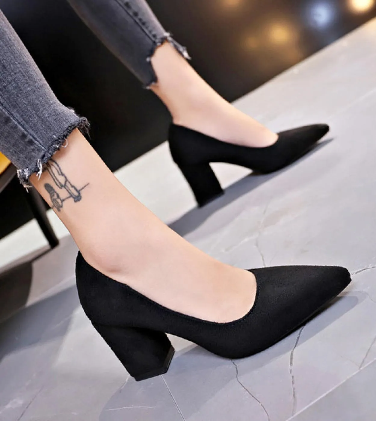 2022 New Women Pumps Flock Sweet Thick High Heels Female  Office Pointed Toe Dress Work Pump Cute Shoes Ladies Footwear