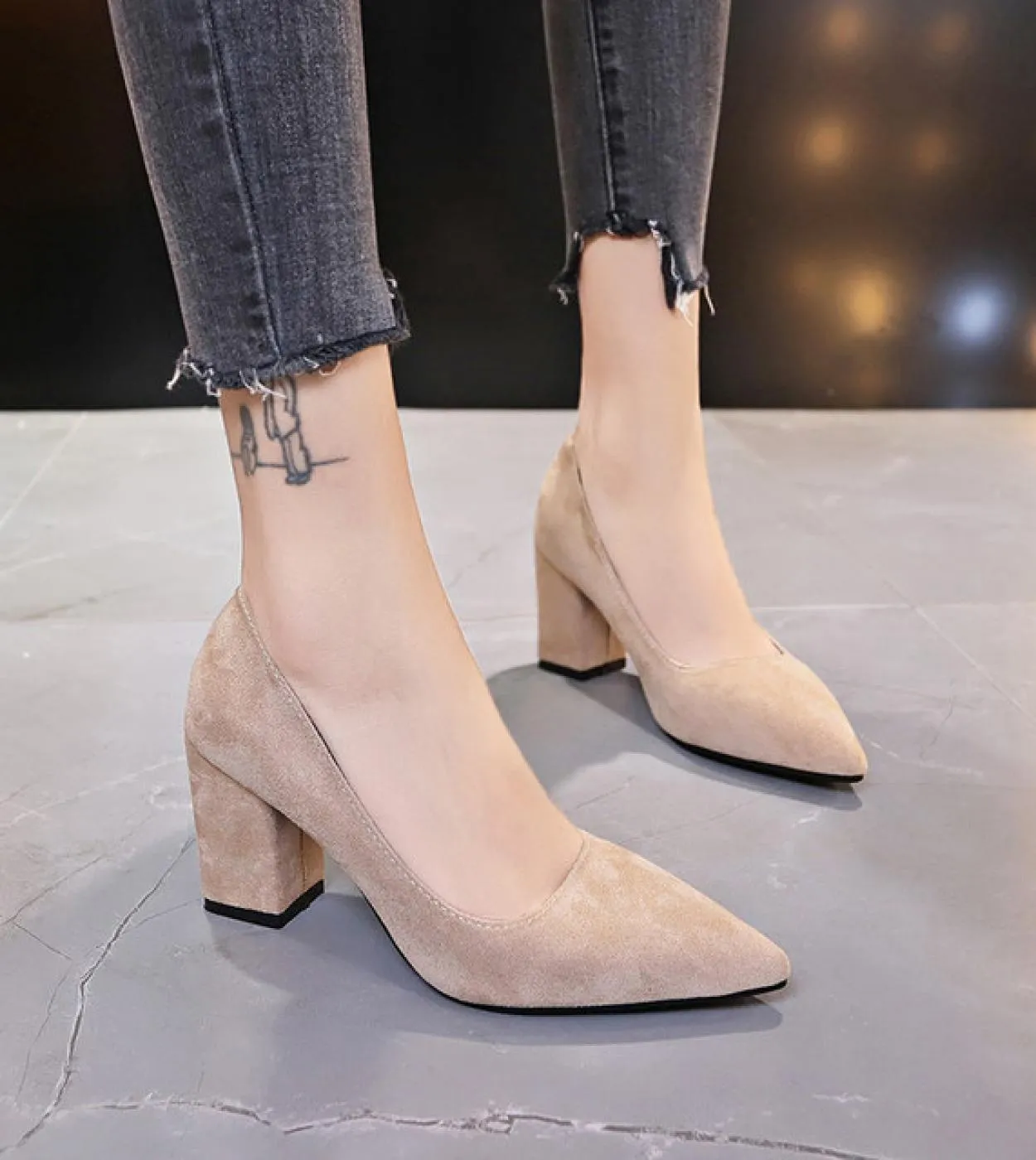 2022 New Women Pumps Flock Sweet Thick High Heels Female  Office Pointed Toe Dress Work Pump Cute Shoes Ladies Footwear