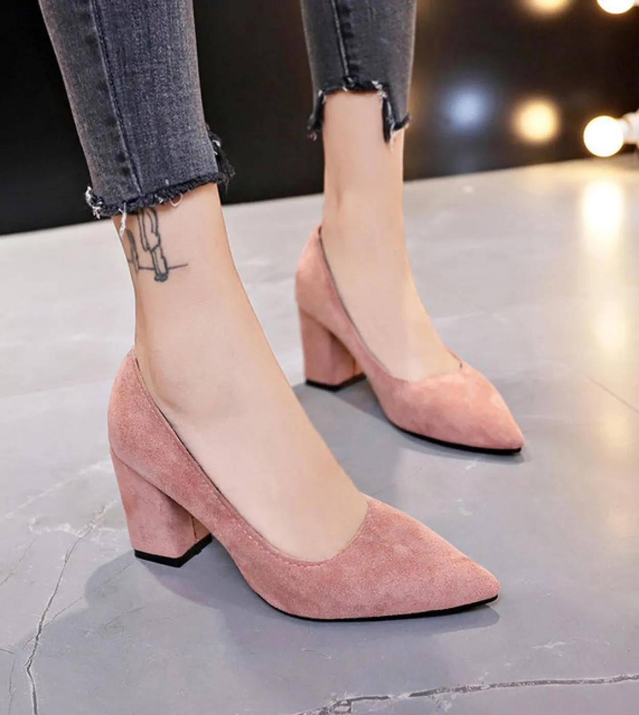 2022 New Women Pumps Flock Sweet Thick High Heels Female  Office Pointed Toe Dress Work Pump Cute Shoes Ladies Footwear