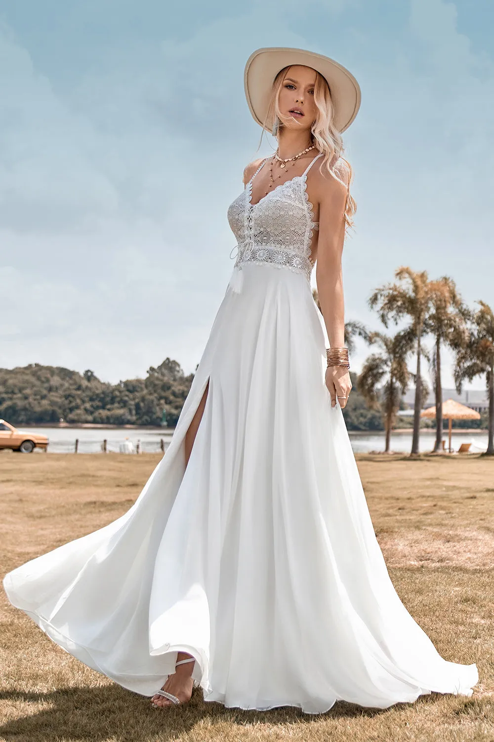Abito da sposa Boho con spalline senza spalline in pizzo e spacco