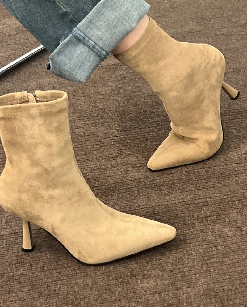 Autumn And Winter New  Pointed Toe Stiletto Boots For Women, Suede High Heels, Elastic Slim Boots, Short Boots