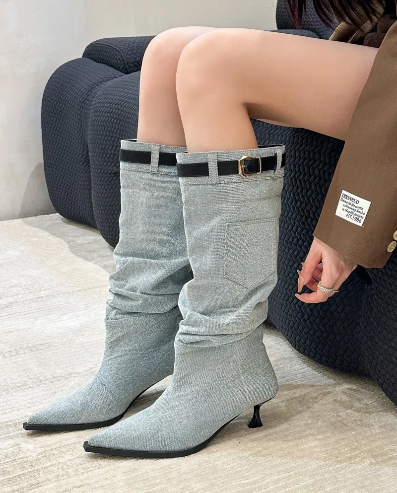 Belt Buckle Jeans Boots Women's Summer Pocket Pointed Toe High Heels Pile Boots