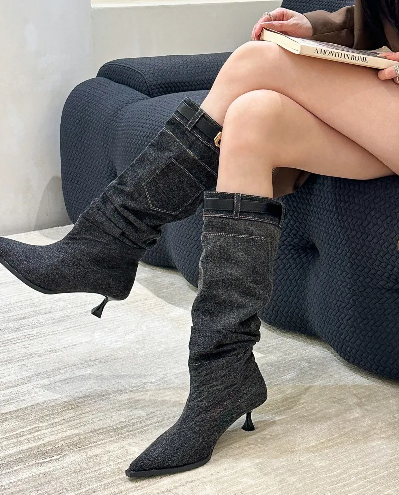 Belt Buckle Jeans Boots Women's Summer Pocket Pointed Toe High Heels Pile Boots