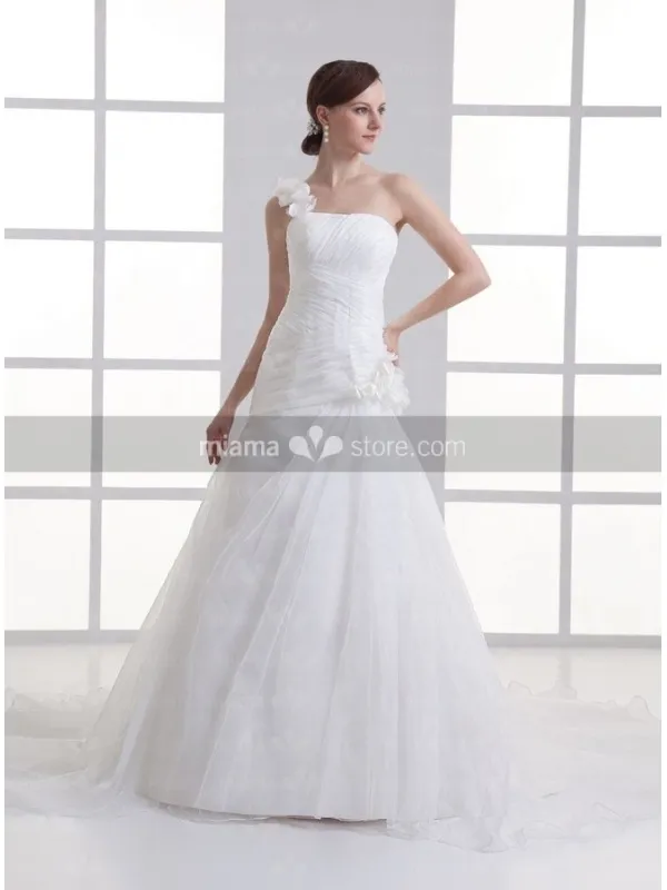 BERYL - A-line Strapless Chapel train Organza One shoulder Wedding dress