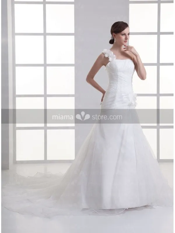 BERYL - A-line Strapless Chapel train Organza One shoulder Wedding dress