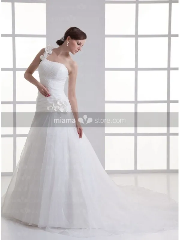 BERYL - A-line Strapless Chapel train Organza One shoulder Wedding dress