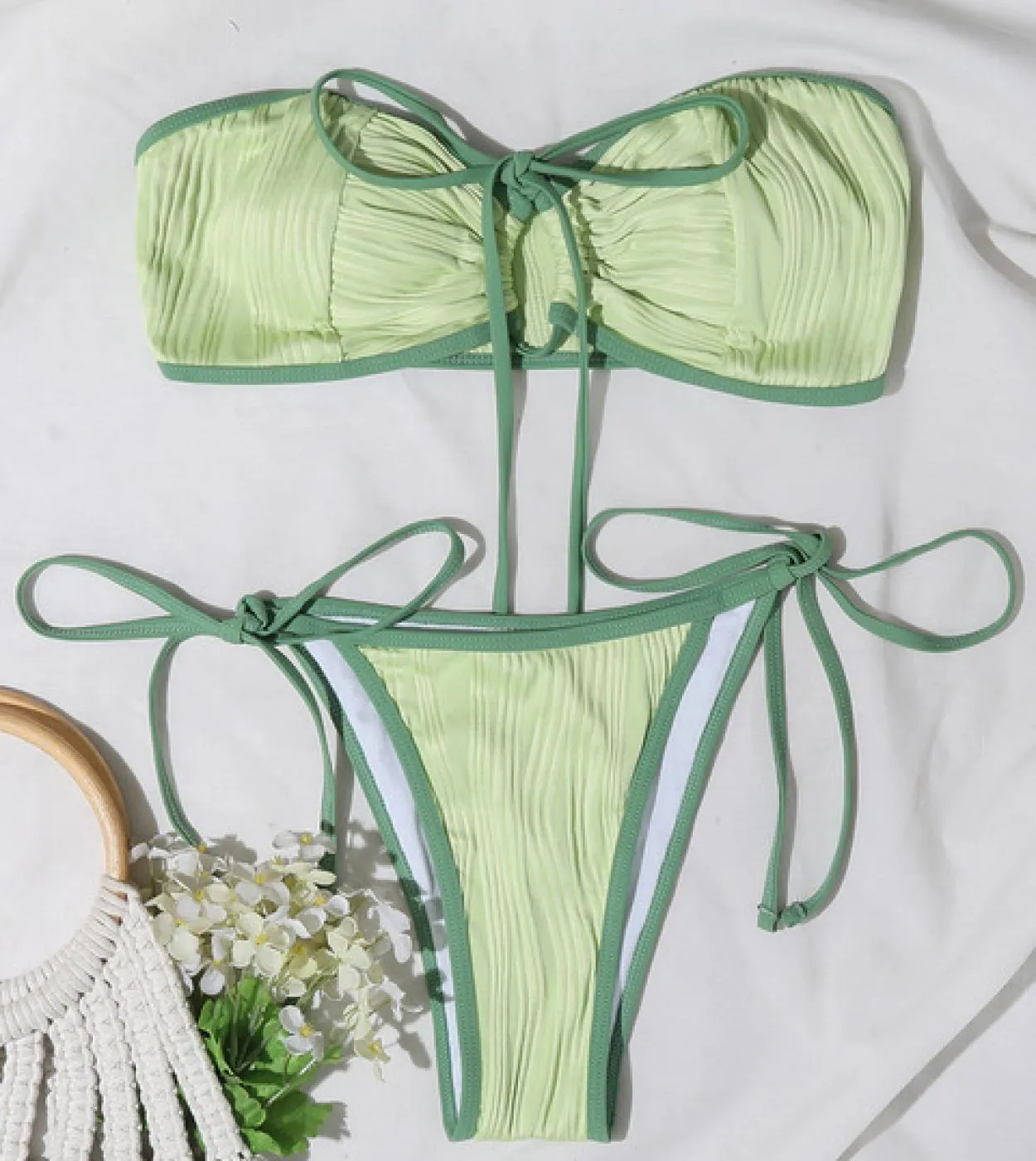 Boob Tube Top Bikini 2023 Costume da bagno Donna Verde senza spalline Pieghettato Coulisse Lace Up Beachwear Costume da bagno Mi