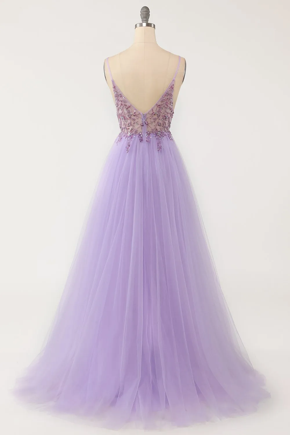 Linea A Cinghie Di Spaghetti Viola Tulle Lungo Abito Da Ballo