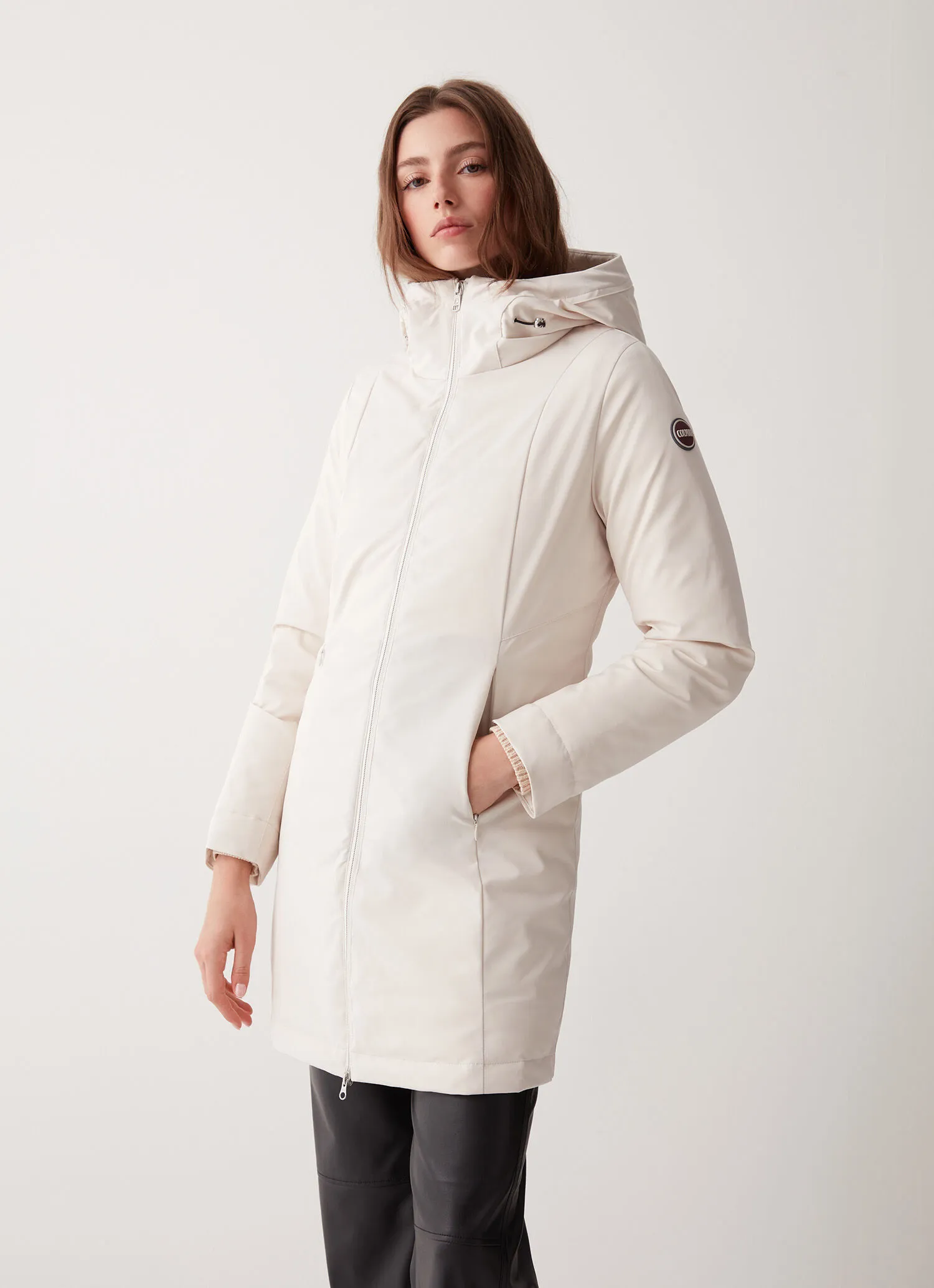 Long down jacket in 3-layer satin-effect fabric