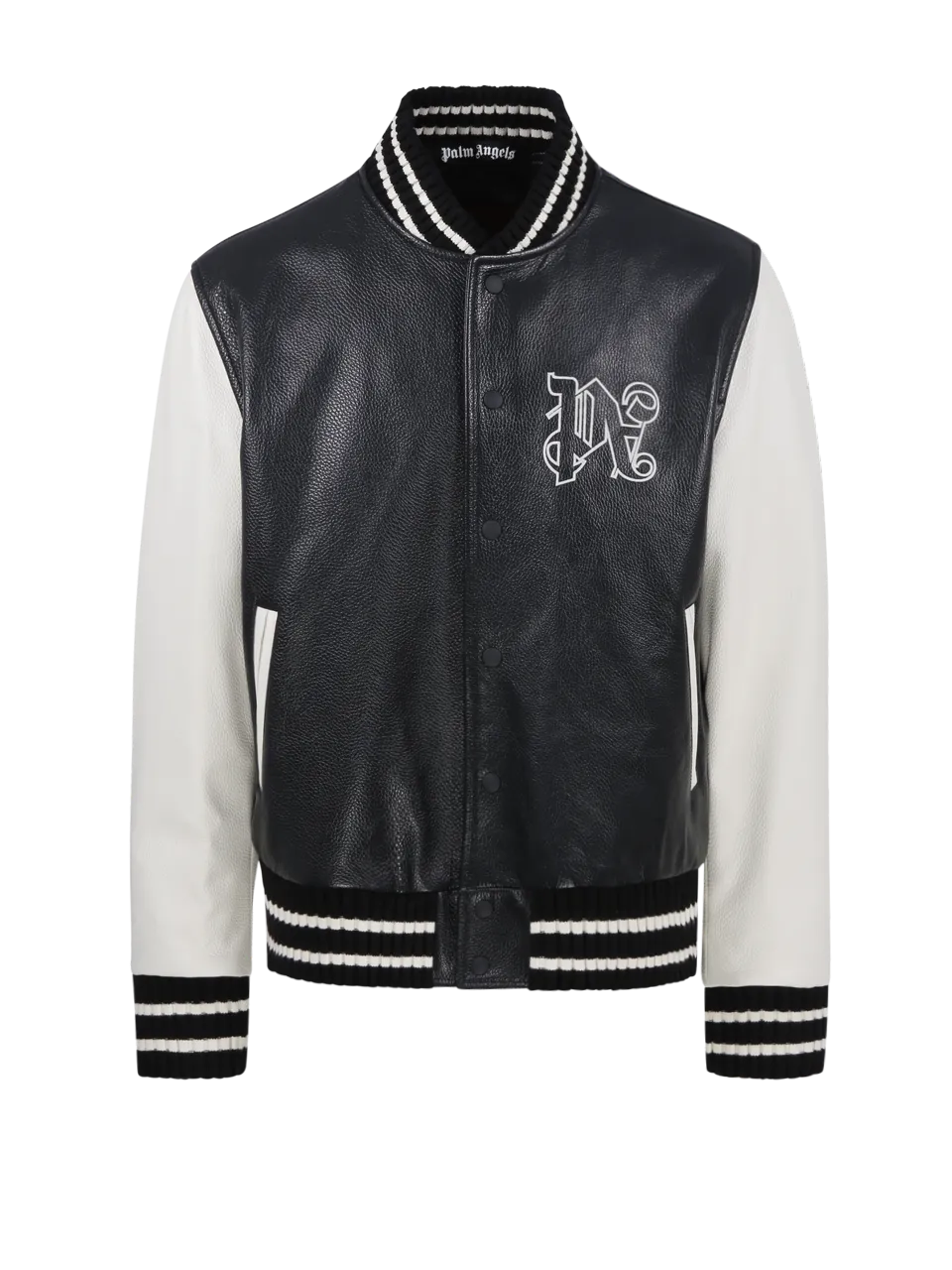 MEN PALM ANGELS BLACK LEATHER PA MONOGRAM CLASSIC VARSITY JACKET