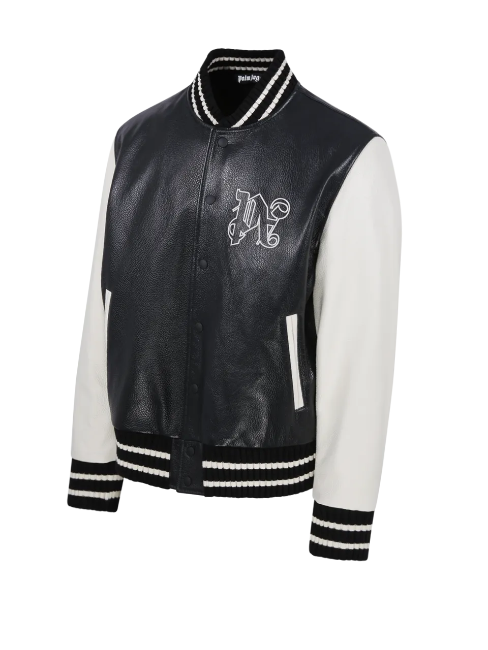 MEN PALM ANGELS BLACK LEATHER PA MONOGRAM CLASSIC VARSITY JACKET