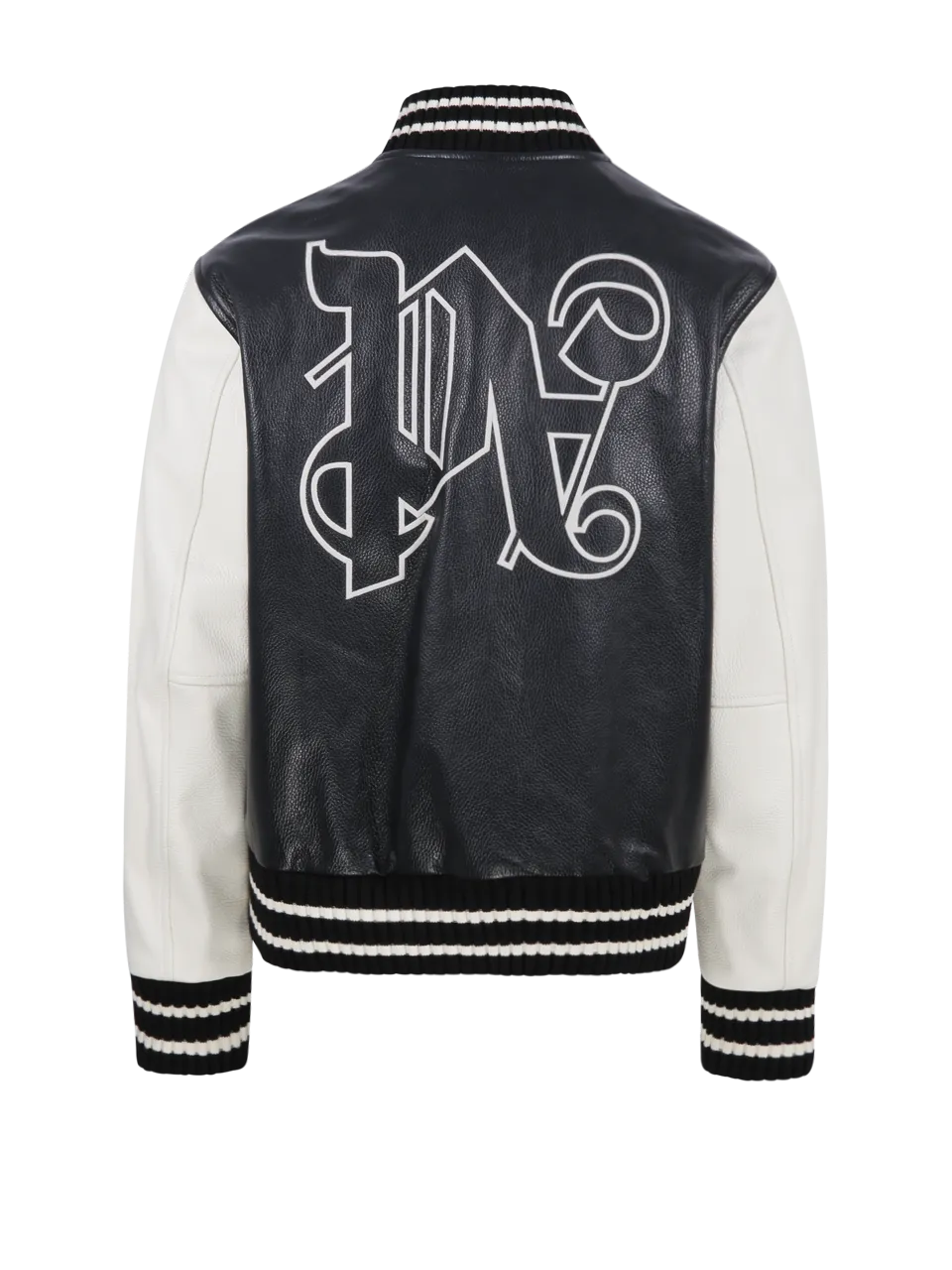 MEN PALM ANGELS BLACK LEATHER PA MONOGRAM CLASSIC VARSITY JACKET