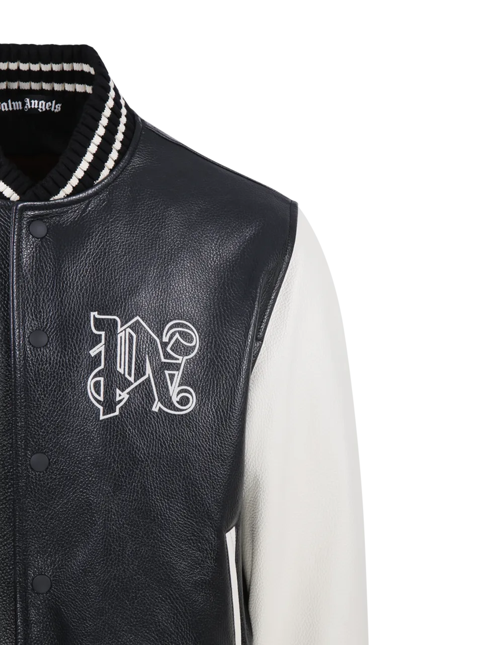 MEN PALM ANGELS BLACK LEATHER PA MONOGRAM CLASSIC VARSITY JACKET