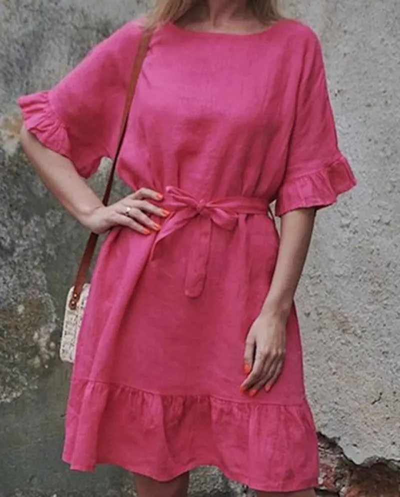 Moda manica corta o collo estivo mini abito donna casual tinta unita allentato abito stringato semplice ufficio donna una linea