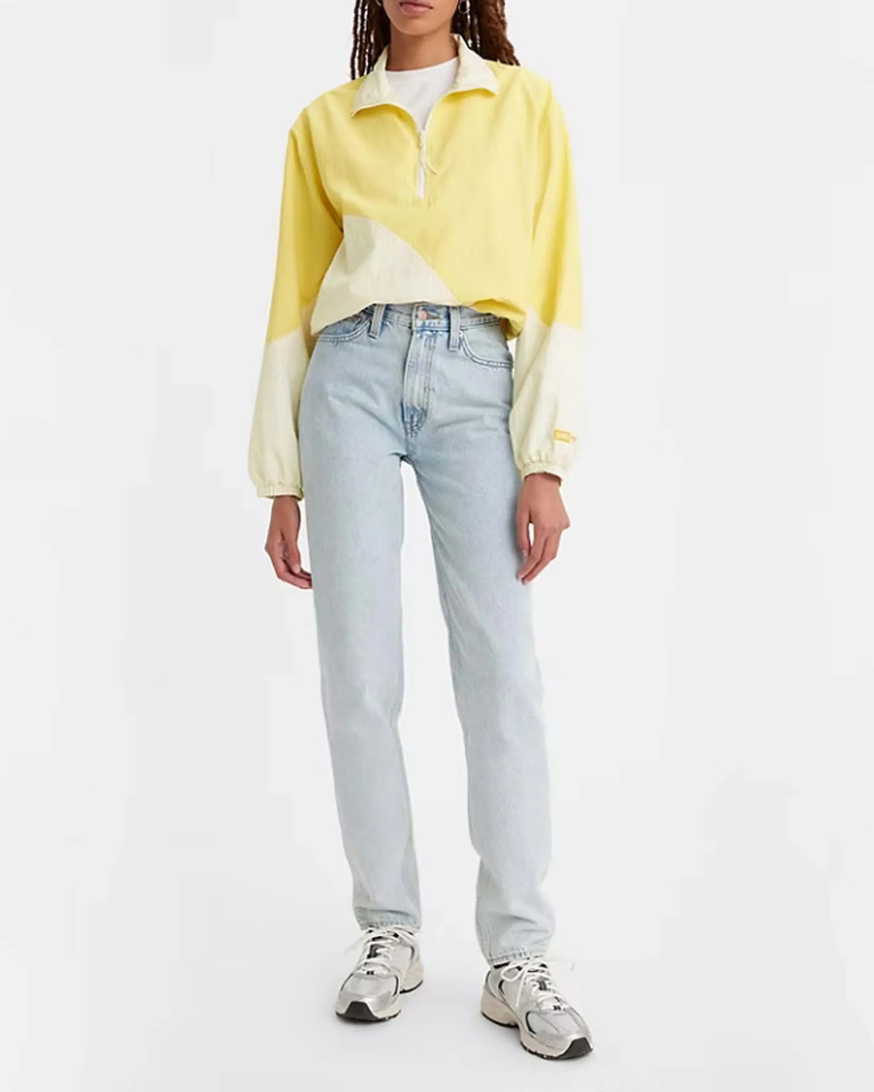 Mom jeans in puro cotone a vita alta lavaggio chiaro bleach washed