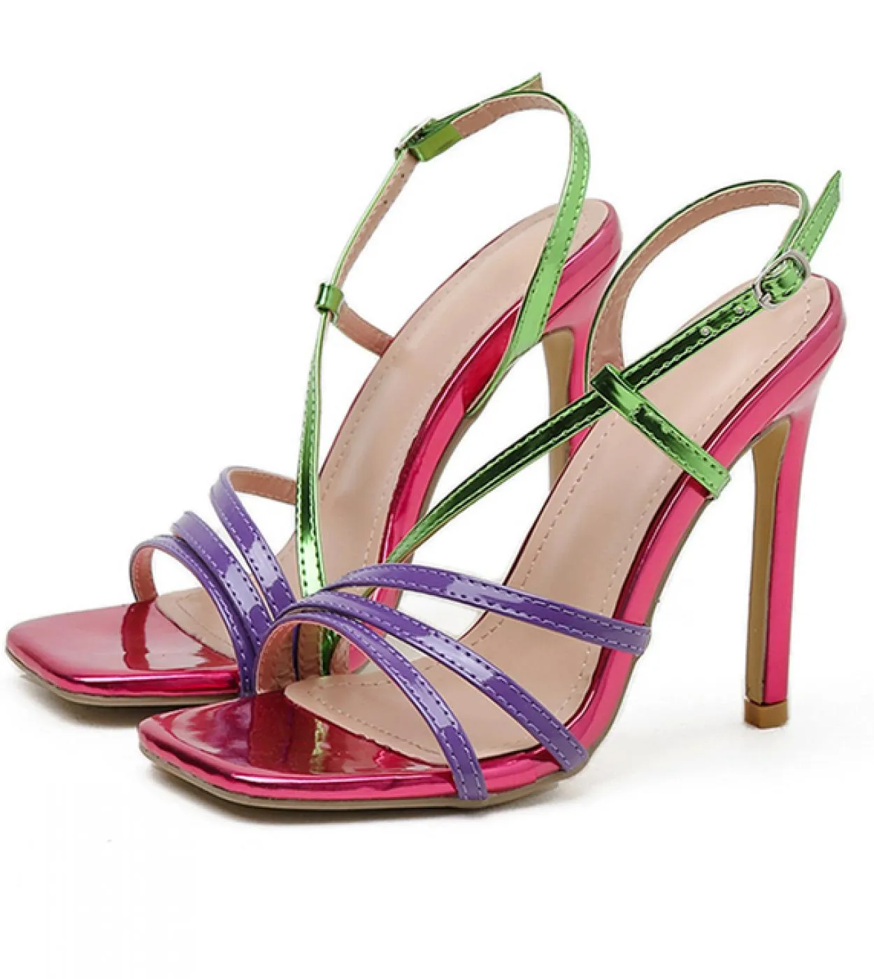 New Colorful Sandals Women Buckle Strap Strappy Square Toe Stiletto Heels Sandals  Ladies Shallow Party Shoes Size 42