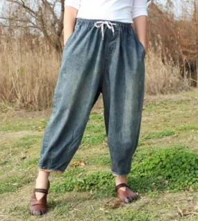 Primavera Estate New Arts Style Donna Elastico in vita Lunghezza alla caviglia Jeans larghi Pantaloni a gamba larga in denim di