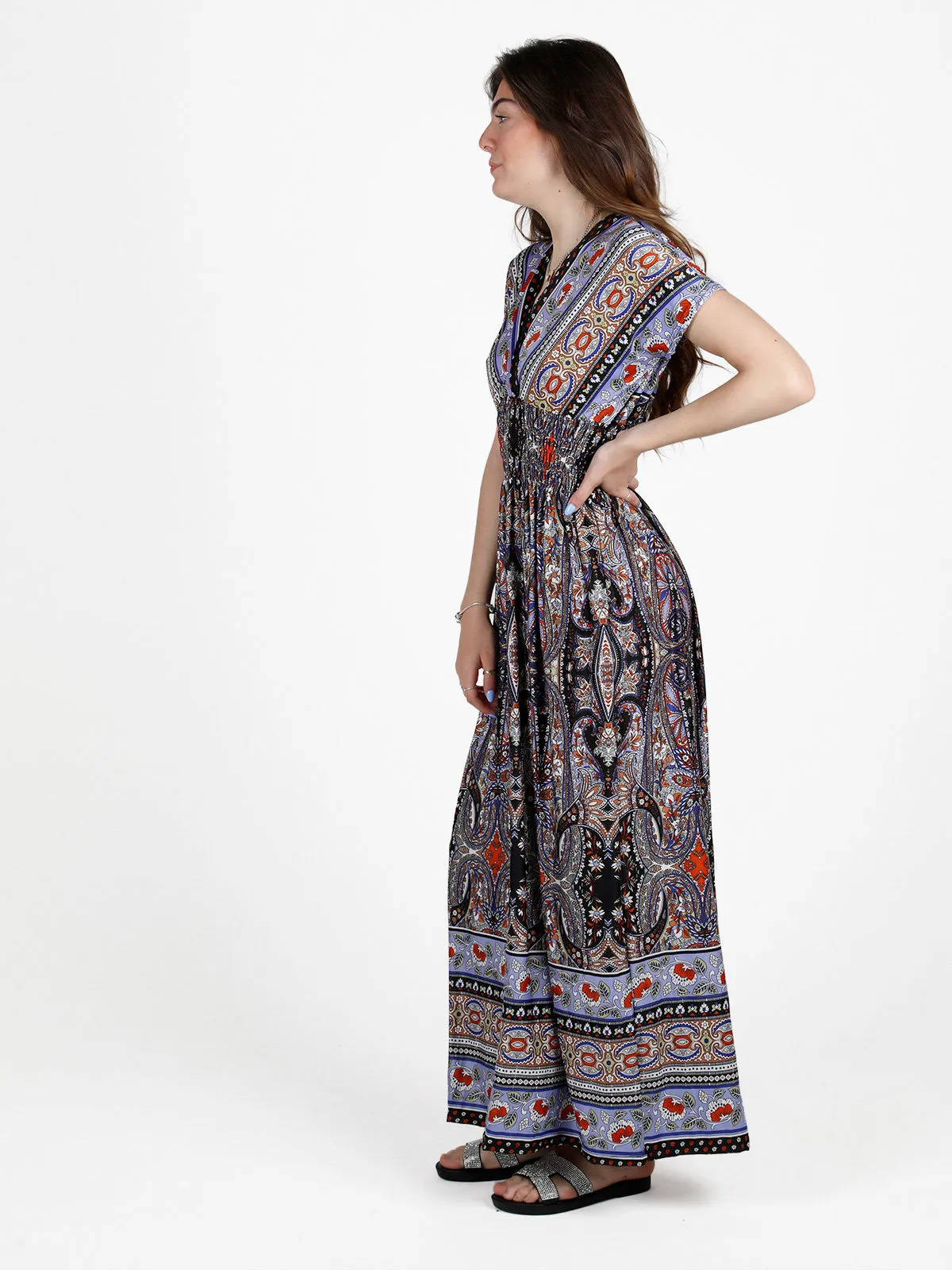 Solada Robe longue femme à manches courtes et col V