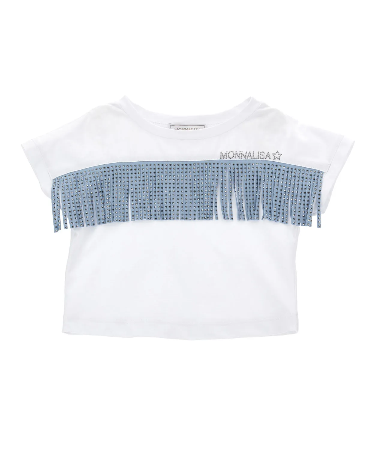 T-shirt bianca cropped a mezza manica con frange azzurre e strass 4-10 anni