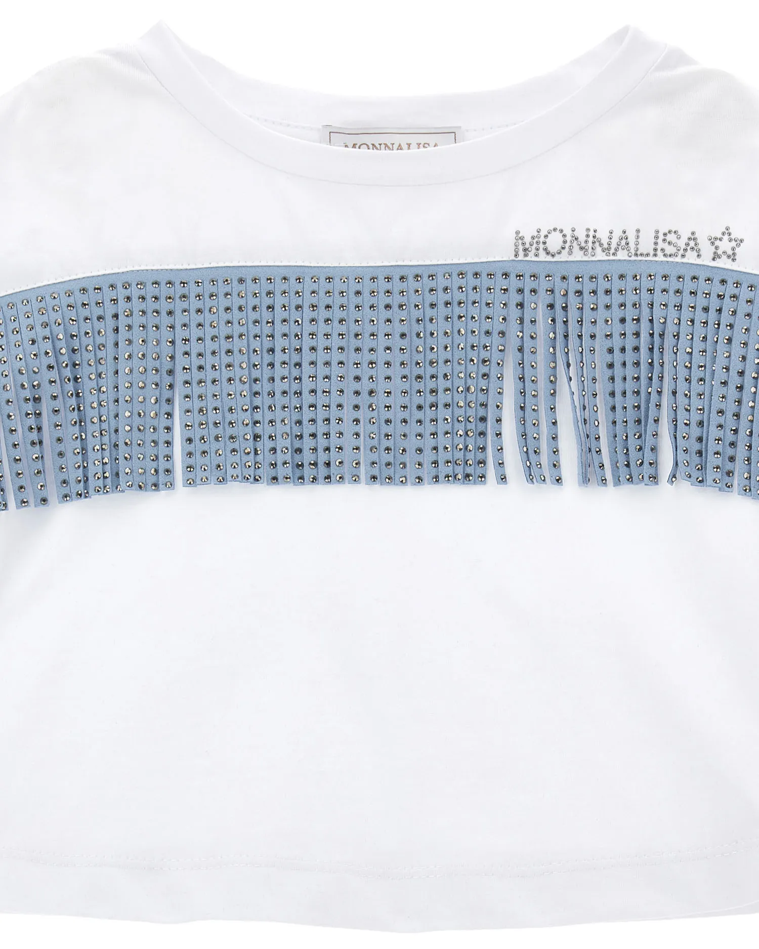 T-shirt bianca cropped a mezza manica con frange azzurre e strass 4-10 anni