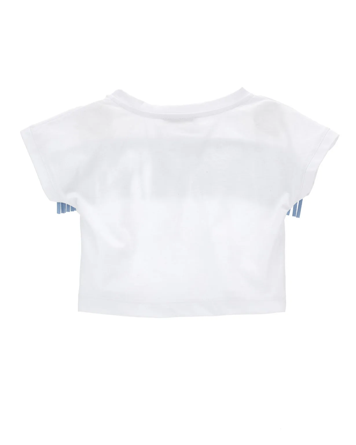 T-shirt bianca cropped a mezza manica con frange azzurre e strass 4-10 anni