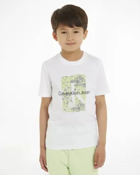 T-shirt bianca mezza manica in cotone con stampa logo su riquadro verde lime 10-16 anni