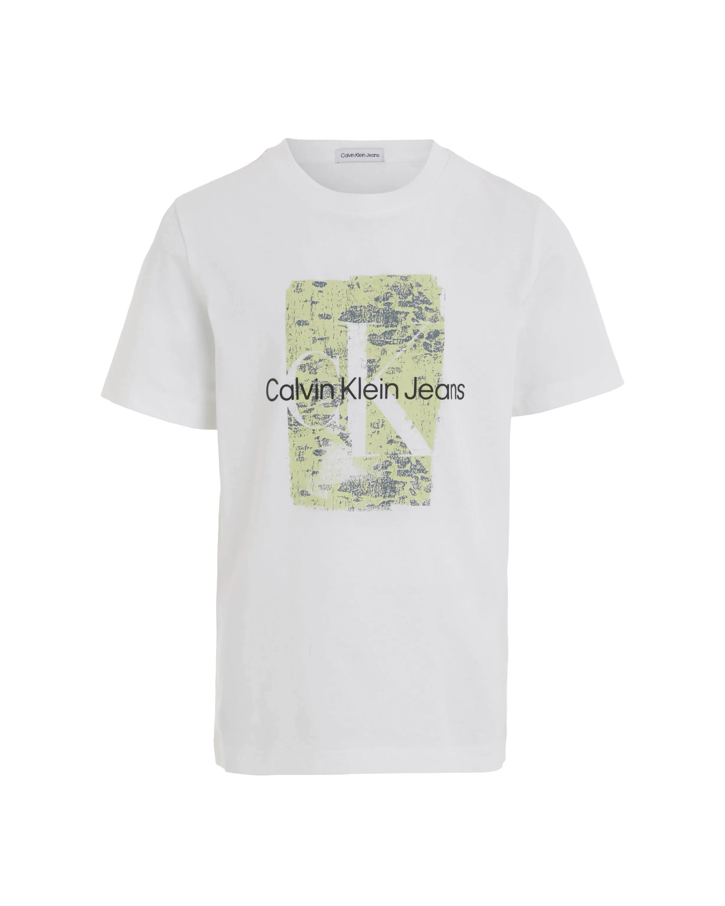 T-shirt bianca mezza manica in cotone con stampa logo su riquadro verde lime 10-16 anni