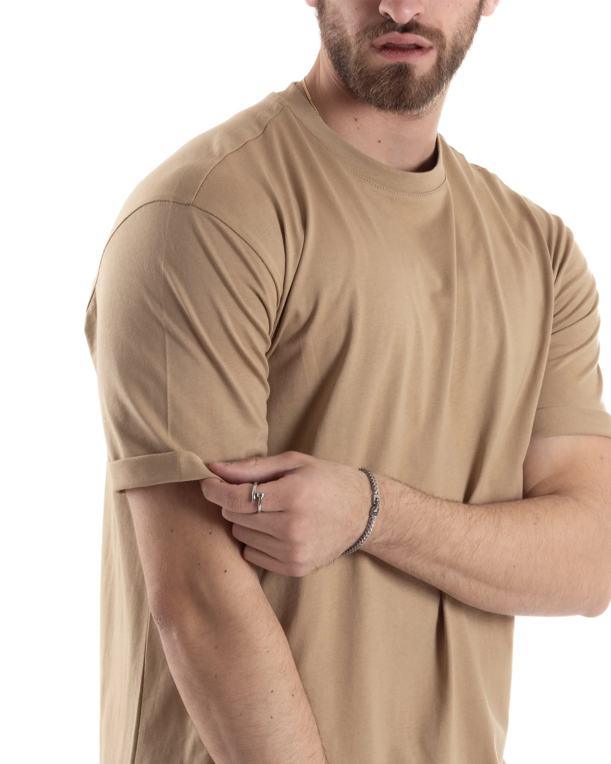 T-shirt Uomo Girocollo Basic Casual Regular Fit Tinta Unita Camel GIOSAL-TS3059A