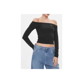 Tommy Jeans Tjw Off Should Top Ls Black T-Shirt M/L Crop Costina Nera Donna