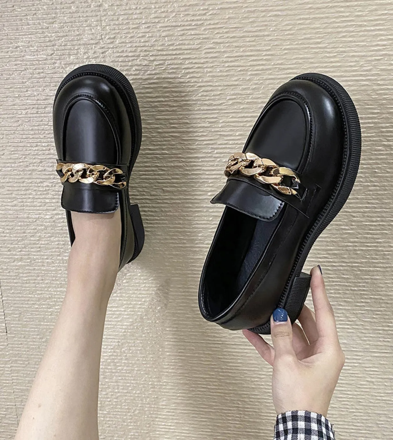 Womens Loafers Plus Size 43 Women Oxford Shoes Black Chain Loafer Slip On Flat Casual Shoes Low Heels Leather Shoes