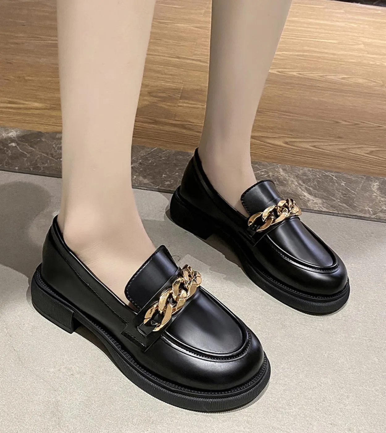 Womens Loafers Plus Size 43 Women Oxford Shoes Black Chain Loafer Slip On Flat Casual Shoes Low Heels Leather Shoes