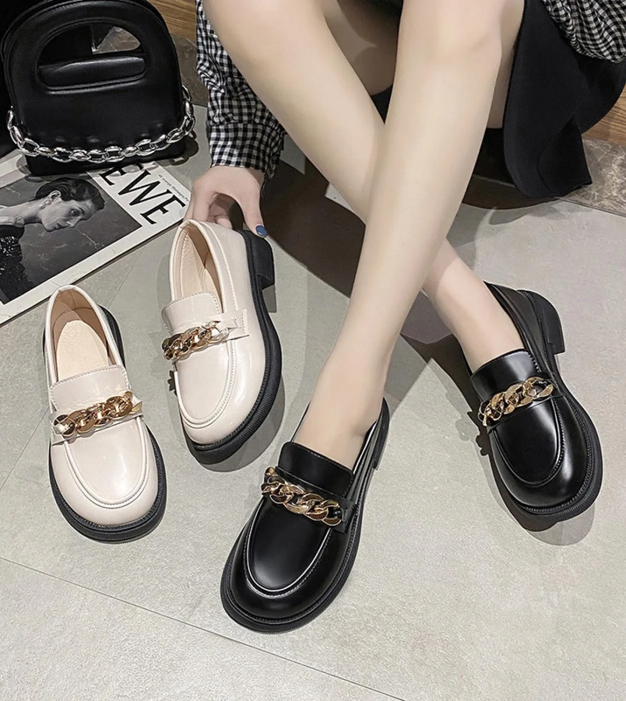 Womens Loafers Plus Size 43 Women Oxford Shoes Black Chain Loafer Slip On Flat Casual Shoes Low Heels Leather Shoes